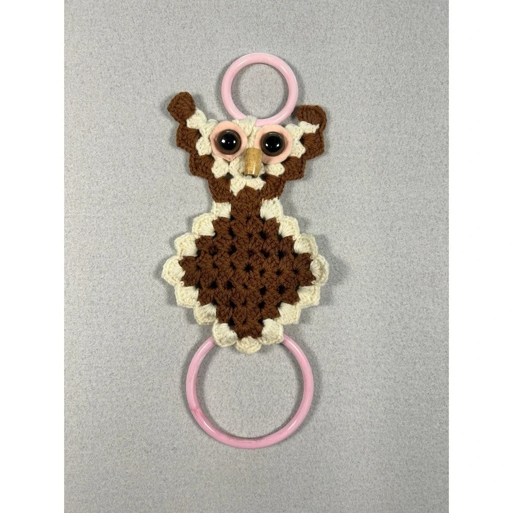 Vtg Crochet Owl Hand Towel Holder Ring with Real looking Eyes Brown Pink MCM 15